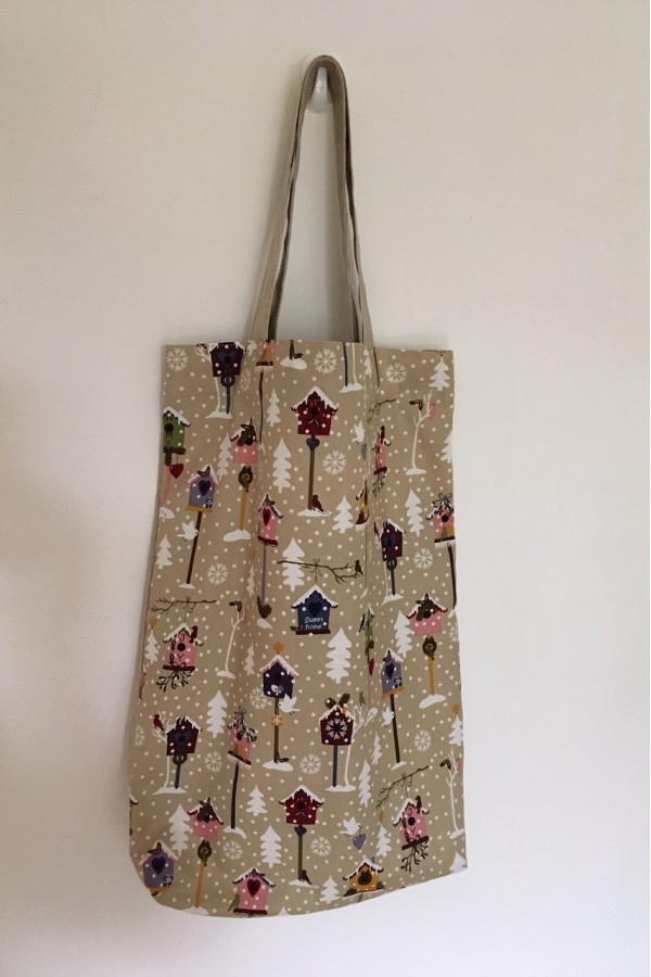 Béžová bavlněná taška vánoční 34 x 47 cm ptačí budky